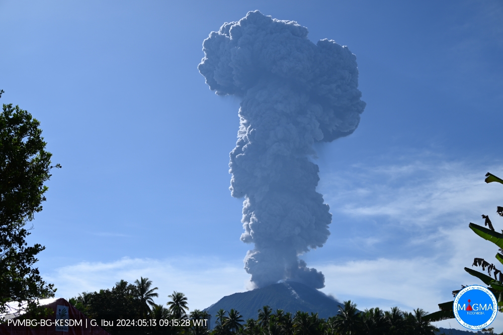 Huge ash column from Ibu volcano reached up to 6,400 m altitude this morning (image: PVMBG)