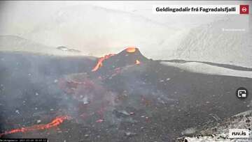 Weather conditions can be difficult on Iceland in March - view of the ongoing eruption this afternoon (RUV webcam)