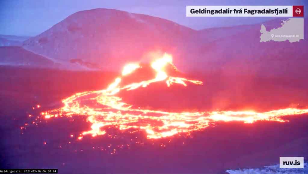 View of the ongoing eruption in Iceland this morning (image: RUV webcam)