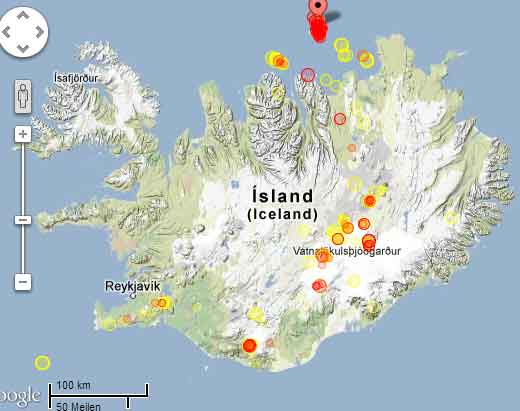 Recent earthquakes in Iceland (note the red dots of the swam in the TFZ north off Iceland)