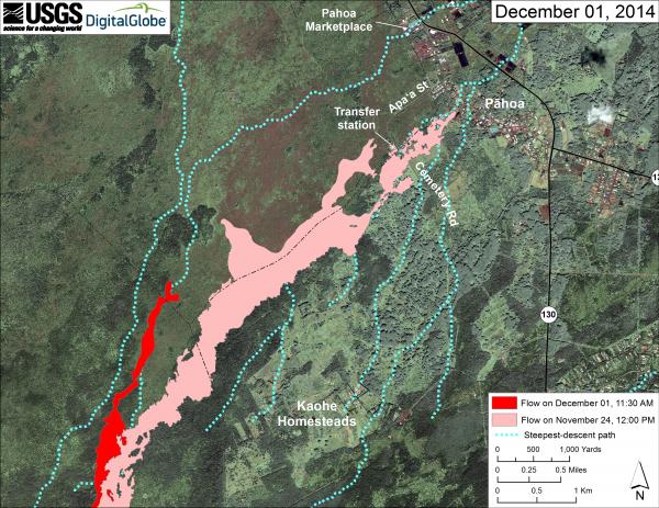 Map showing the location of the new lava flow finger headed north (HVO/USGS)