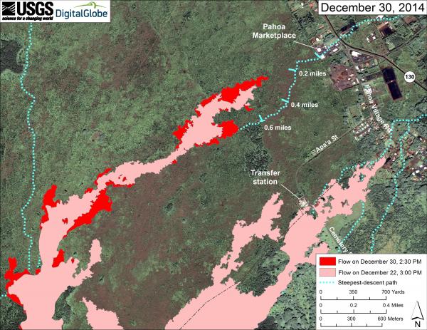 Map showing the location of the lava flow near Pahoa as of 30 Dec 2014 (HVO/USGS)