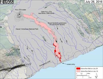 Map of Kilauea's new lava flow that reached the sea on 26 July 2016