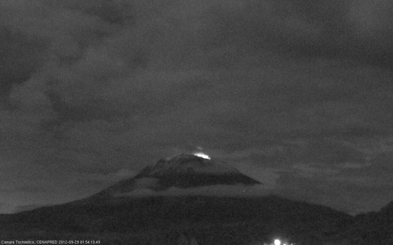 Popocatépetl with crater glow this morning