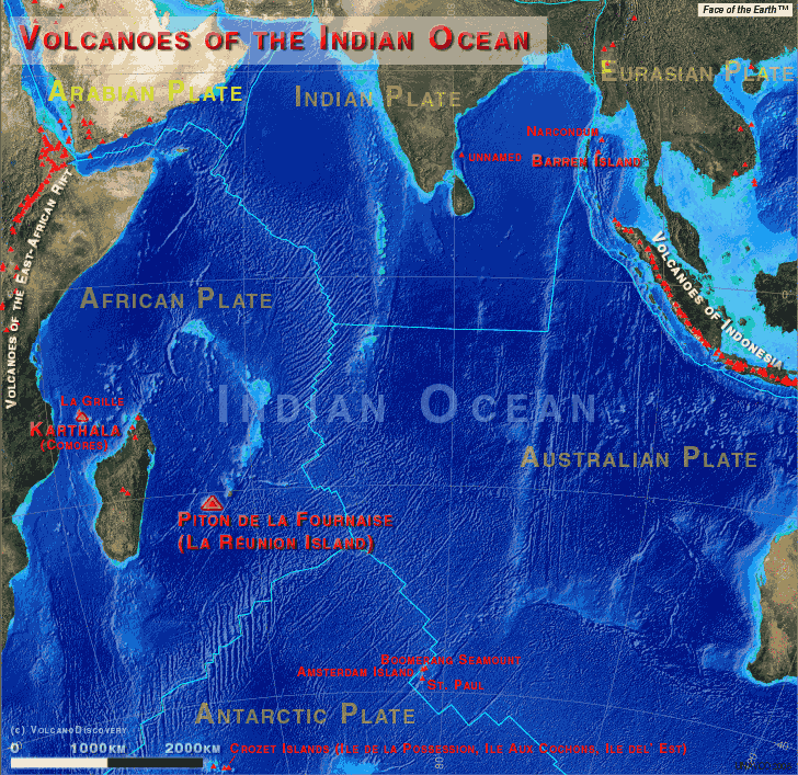 Map of the Indian Ocean, its tectonic plates and active volcanoes (Basemap created UNAVCO Voyager map tool feat. Face of the EarthTM)