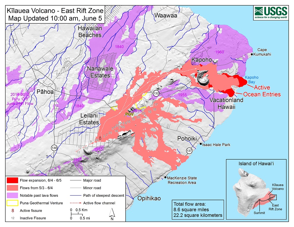 Lava flows and fissures map as of 10:00 a.m. HST, June 5, 2018. Given the dynamic nature of Kīlauea's lower East Rift Zone eruption, with changing vent locations, fissures starting and stopping, and varying rates of lava effusion, map details shown here are accurate as of the date/time noted. Shaded purple areas indicate lava flows erupted in 1840, 1955, 1960, and 2014-2015. (HVO/USGS)