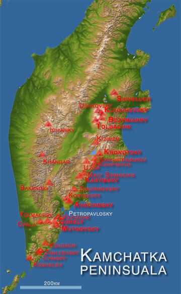 Map of Kamchatka's major active volcanoes (basemap: NASA).