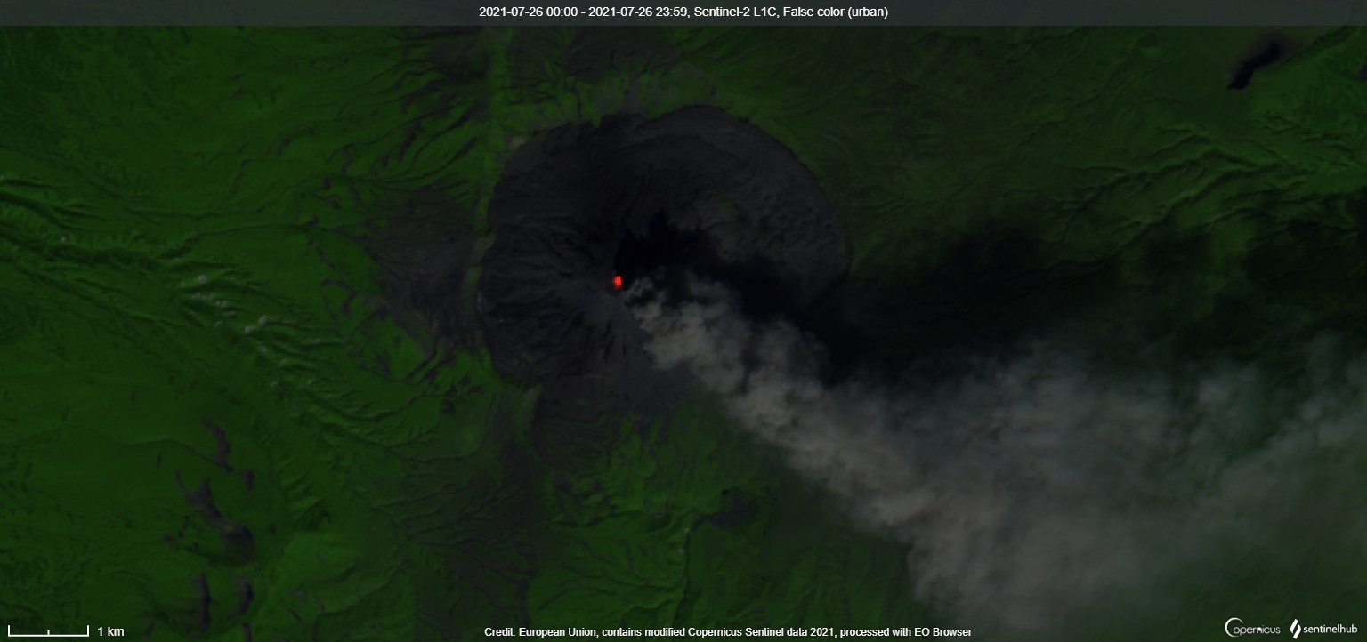 Ongoing dense dark ash emissions from Karymsky volcano detected by satellite today (image: Sentinel 2)
