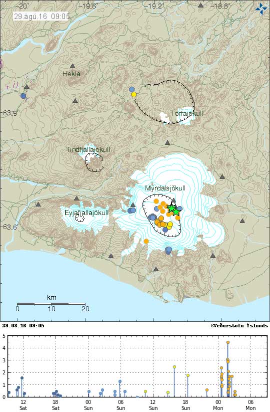 Earthquakes under Katla volcano during the past 48 hours (image: IMO)