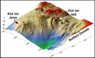 Vertically exaggerated SeaBeam image of the submarine volcano. Credit: NOAA, Seismic Research Institute.