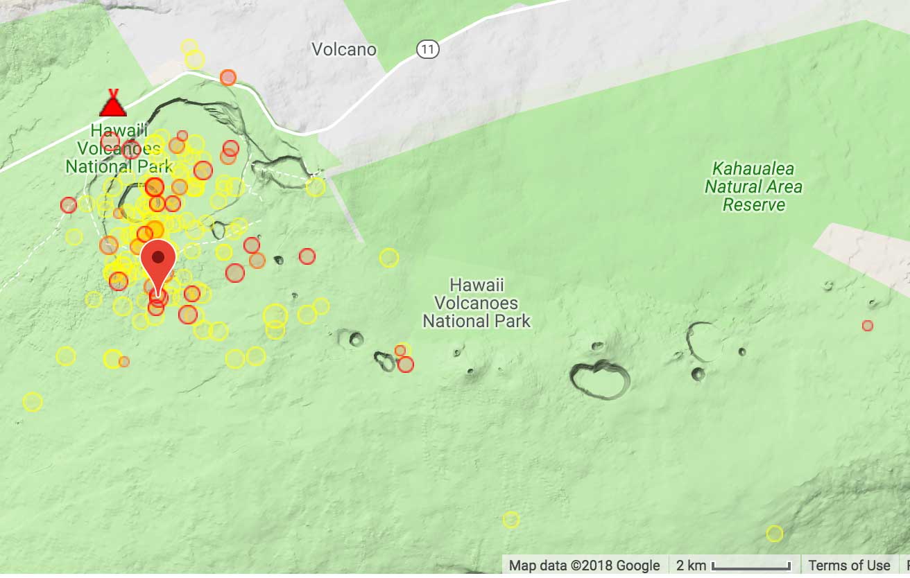 Recent earthquakes (1 week) beneath Kileaua showing an increase in small quakes (red circles are quakes above mag. 2)