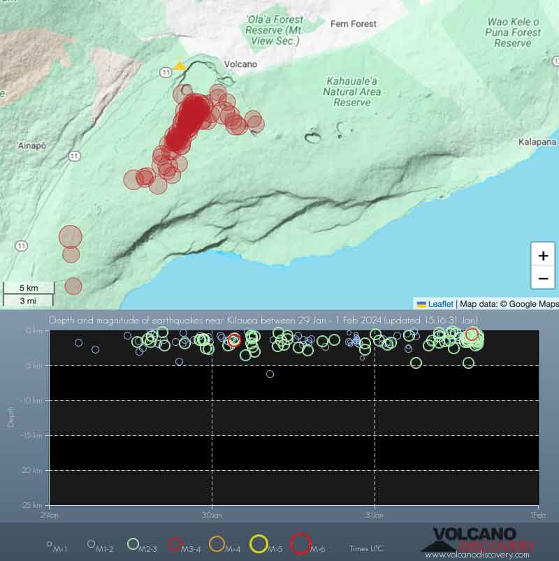 Earthquakes under Kilauea volcano during the past 24 hours