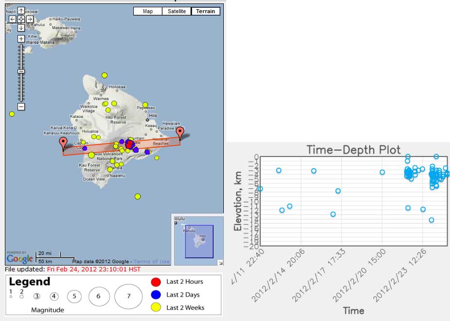 Recent earthquakes at Kilauea volcano (as of 24 Feb 2012)