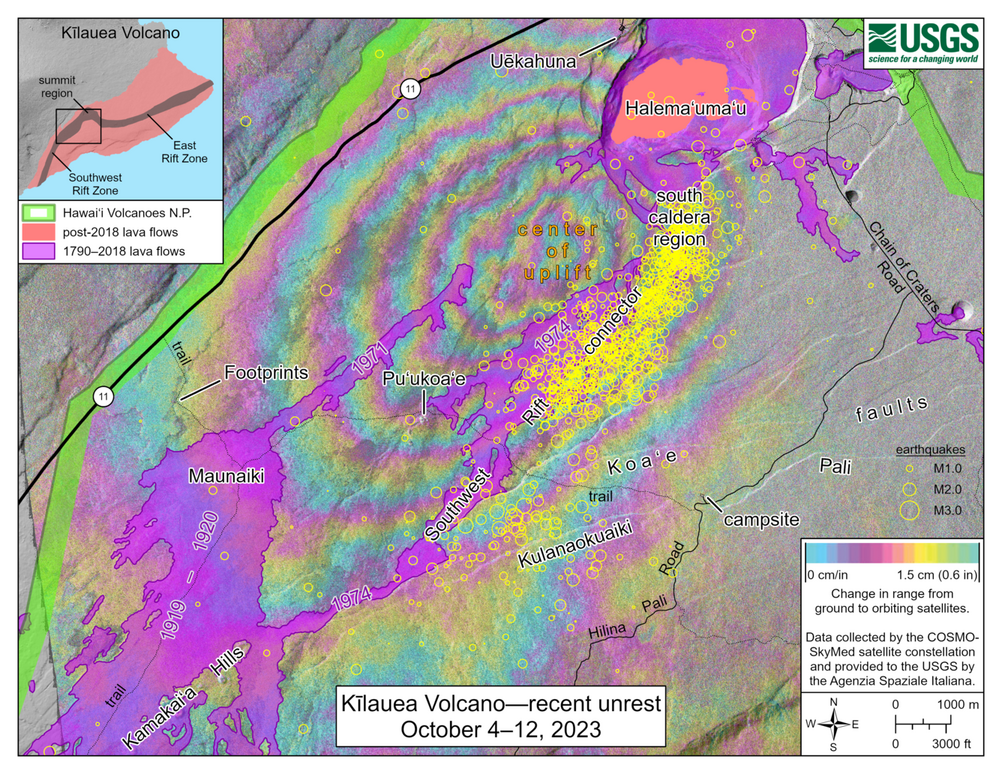 Colored fringes denote areas of ground deformation and yellow circles denote earthquake locations (image: HVO)