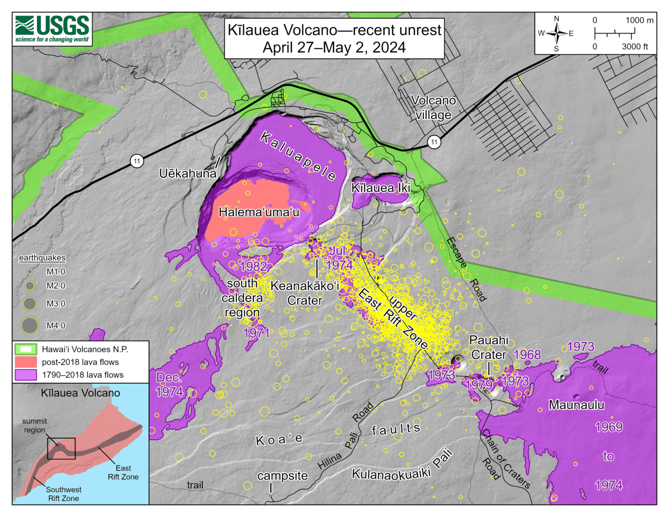 The distribution of earthquakes beneath the upper East Rift Zone along Chain of Craters Road between Puhimau Crater and Hilina Pali Road and even beneath the southern caldera region (Luamanu Crater and Keanakākoʻi Crater, and southeastward to Pauahi Crater) during 27 April and 2 May (image: HVO)