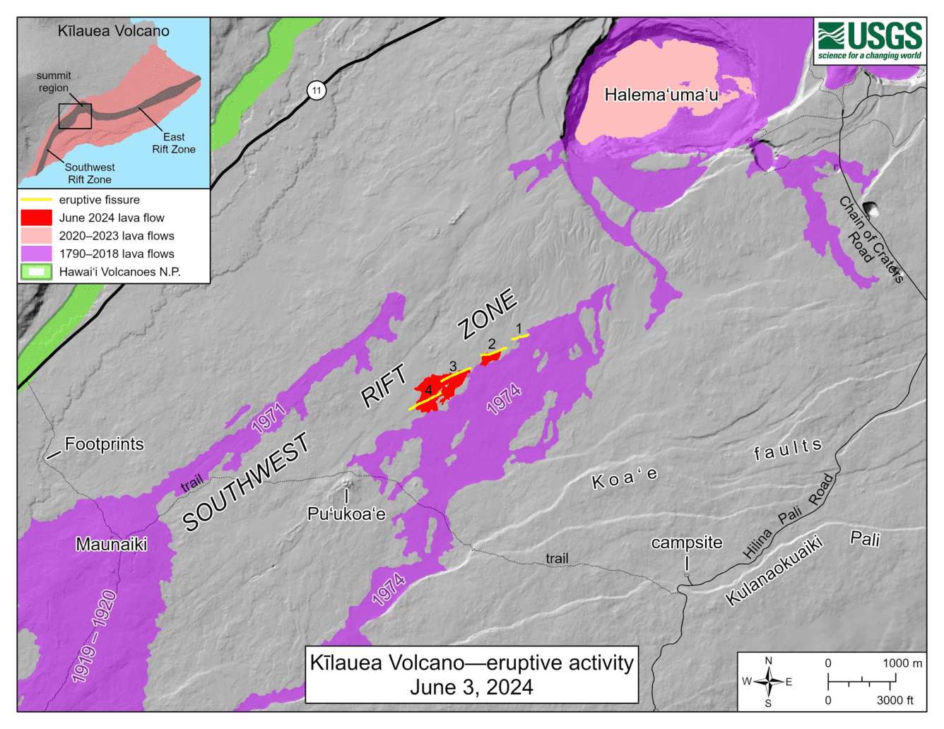 The map portrays a distribution of recent lava flows and 4 fissure vents (image: USGS HVO)