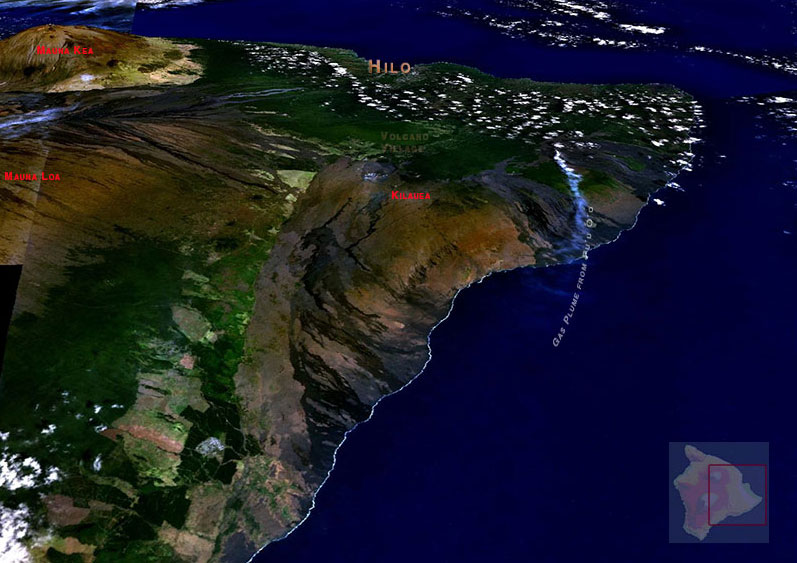 Three-dimesional view of Kilauea volcano based on satellite imagery.