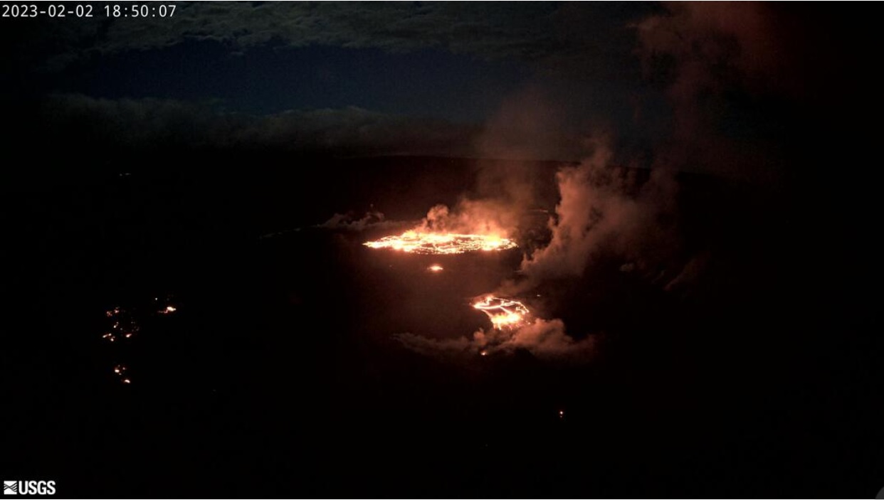 Night-time view of both luminous lava lakes at Kilauea volcano (image: USGS)
