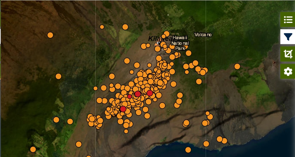 The earthquake activity beneath the Southwest Rift Zone over the past two days-to-hours (image: HVO)