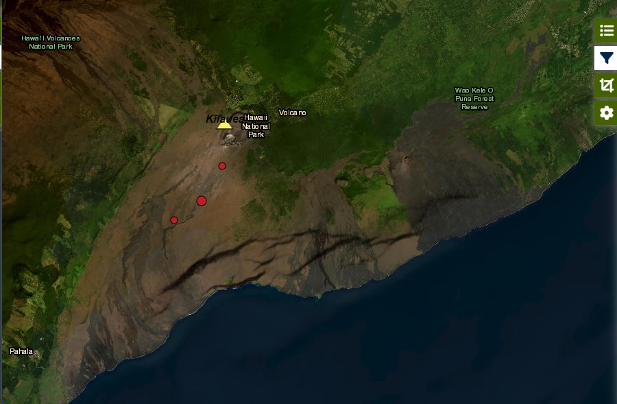 The earthquake activity beneath the Southwest Rift Zone over the past two hours (image: HVO)