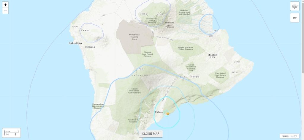 Location of M 4.0 quake, 9 km east of Pāhala (image: HVO)