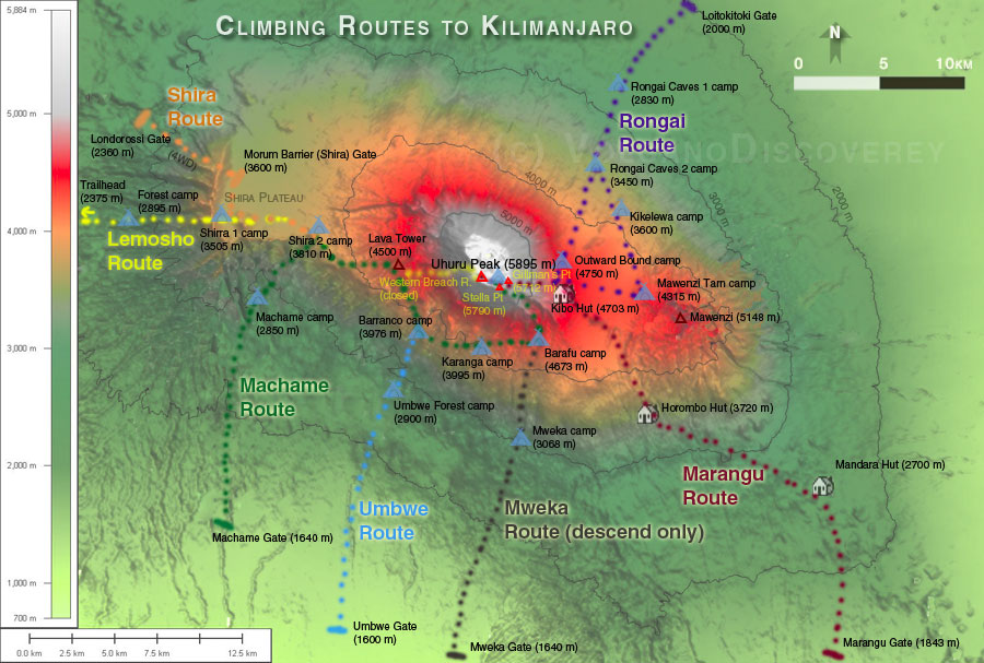 Major trekking routes on Kili (click to enlarge)
