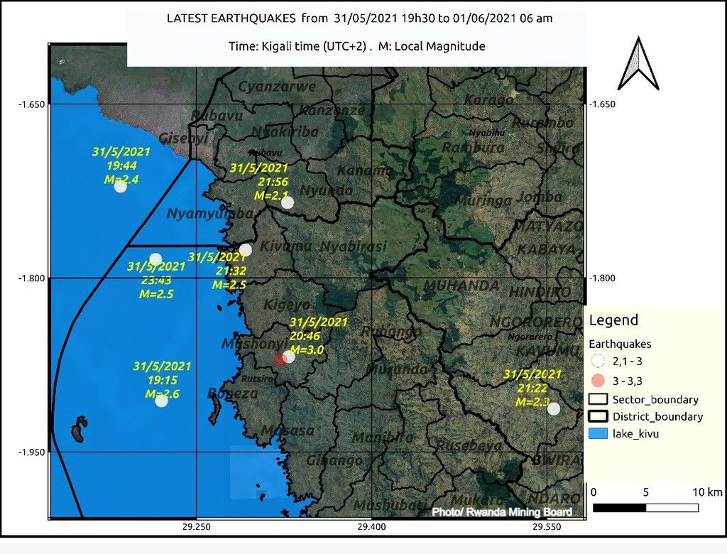 Latest earthquakes in the area of northeastern Lake Kivu (image: Rwanda Seismic Monitor)