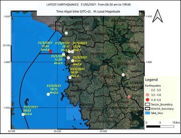 Earthquakes in the area of northeastern Lake Kivu yesterday (image: Rwanda Seismic Monitor)