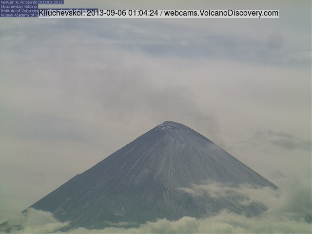 The cone of Klyuchevskoy volcano this morning (note the gas plume from the lava flow)