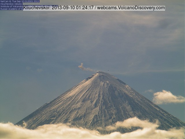 Small steam plume from active Klyuchevskoy volcano this morning