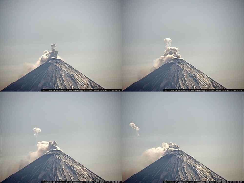 The steam ring ("smoke ring") of Klyuchevskoy volcano this morning (image: KVERT webcam)