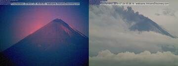 Klyuchevskoi volcano this afternoon (l, morning in Kamchatka) and yesterday with ash emissions