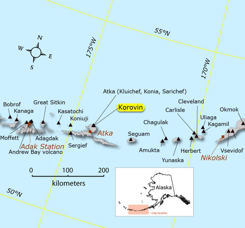 Location of Korovin volcano (map created by Janet Schaefer, courtesy of Alaska Volcano Observatory / Alaska Division of Geological & Geophysical Surveys)