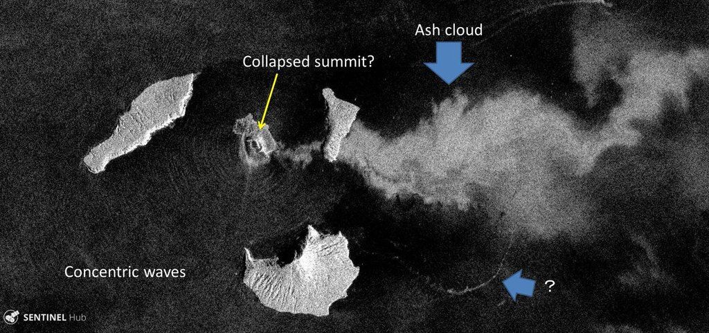 Satellite image taken yesterday after the collapse, possibly showing one of the tsunami waves (image: Sentinel 1, annotations by  R. Natsuaki @flyingwktk / twitter)