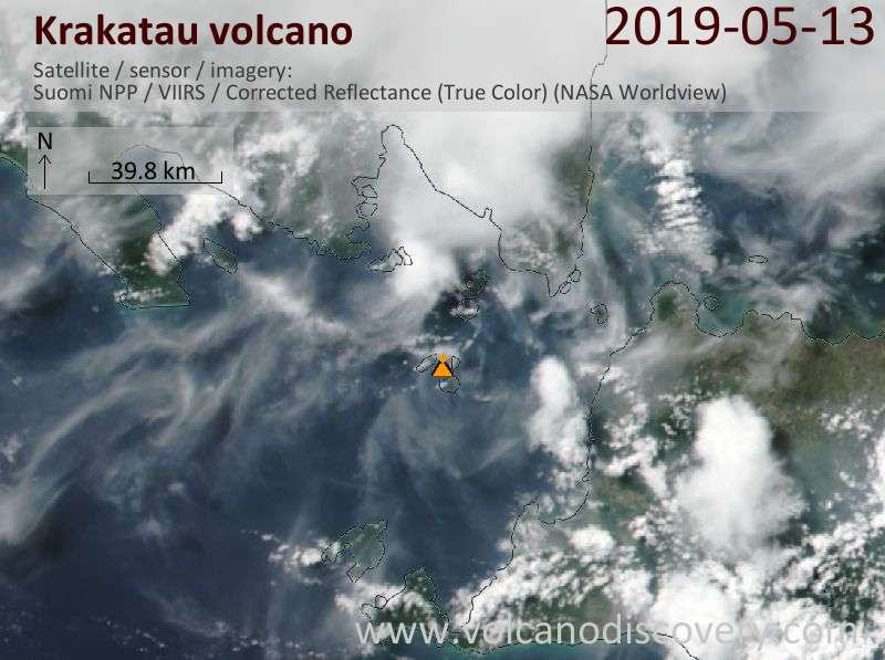 Satellite image of Krakatau volcano on 13 May 2019