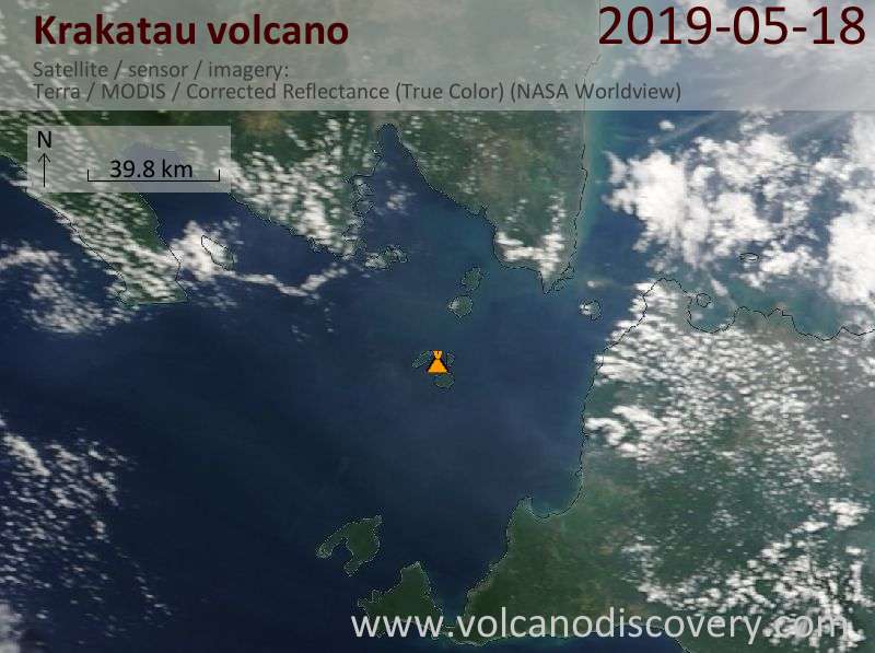 Satellite image of Krakatau volcano on 18 May 2019