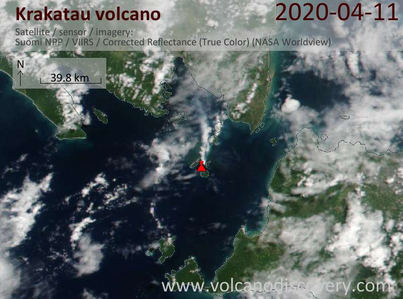 Satellite image of Krakatau volcano on 11 Apr 2020
