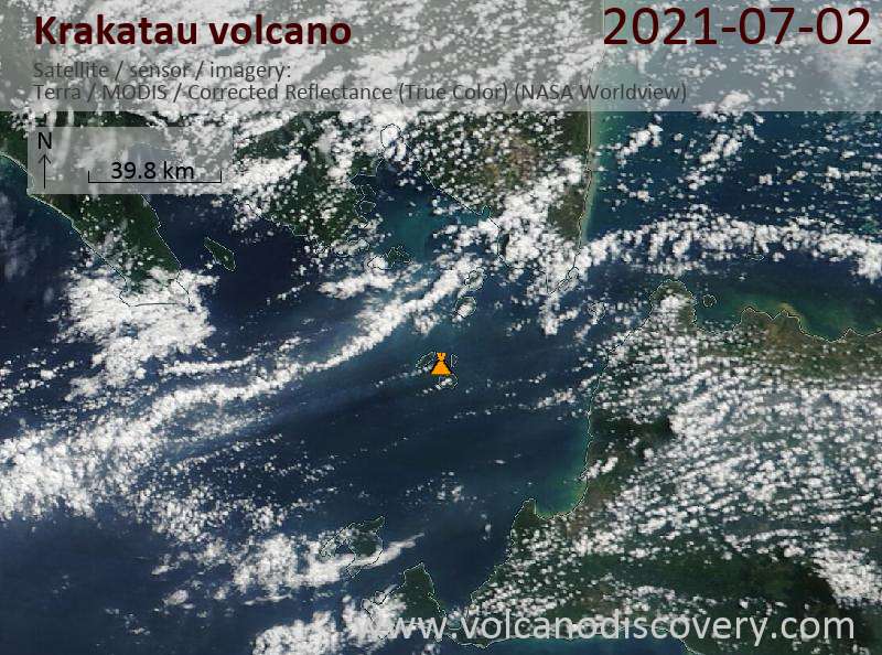 Satellite image of Krakatau volcano on  2 Jul 2021