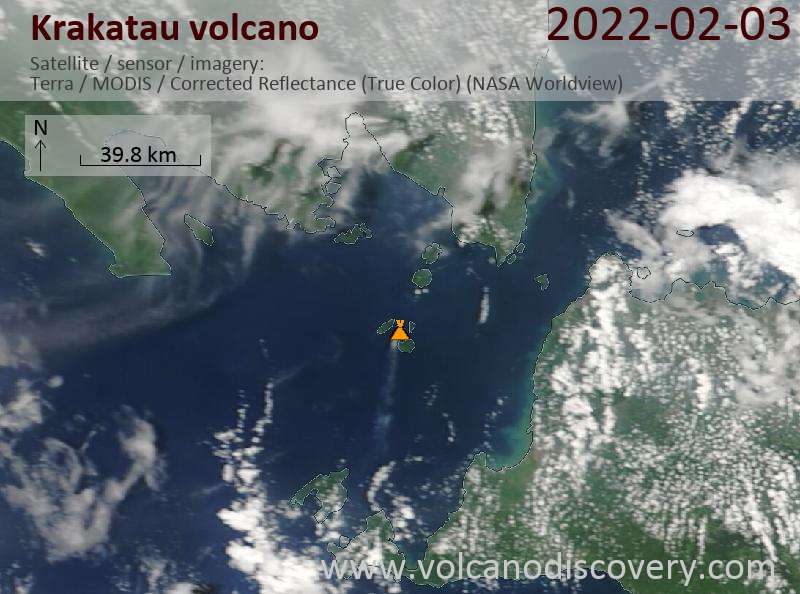 Satellite image of Krakatau volcano on  3 Feb 2022