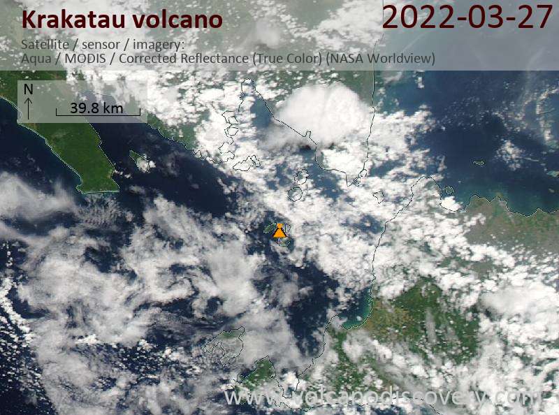 Satellite image of Krakatau volcano on 27 Mar 2022