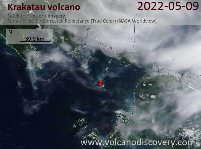 Satellite image of Krakatau volcano on 10 May 2022