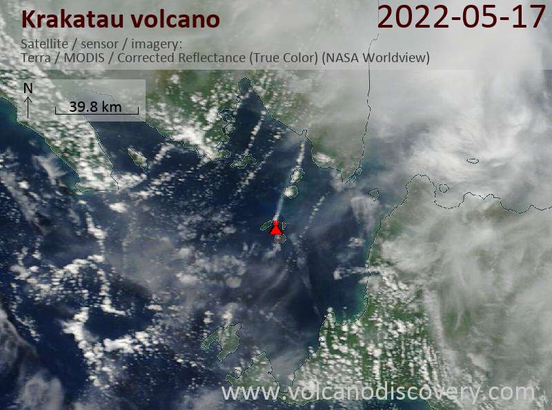 Satellite image of Krakatau volcano on 18 May 2022
