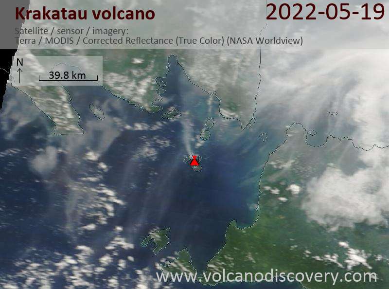 Satellite image of Krakatau volcano on 19 May 2022