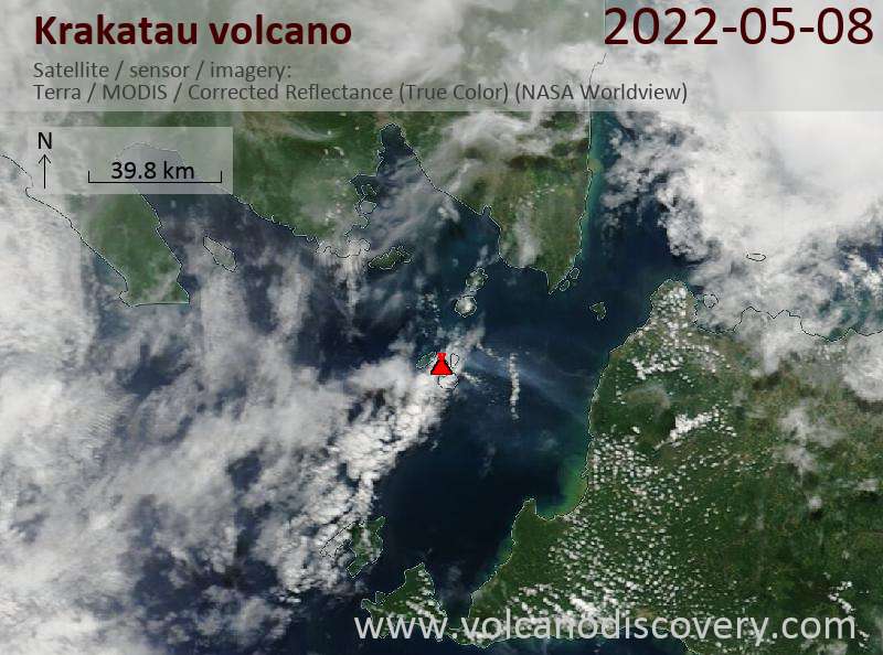 Satellite image of Krakatau volcano on  8 May 2022