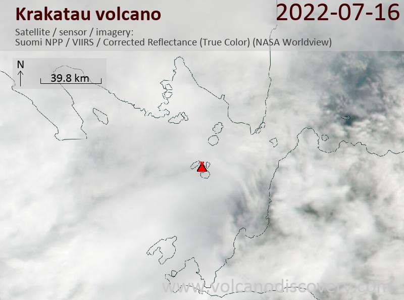 Спутниковое изображение вулкана Krakatau 16 Jul 2022