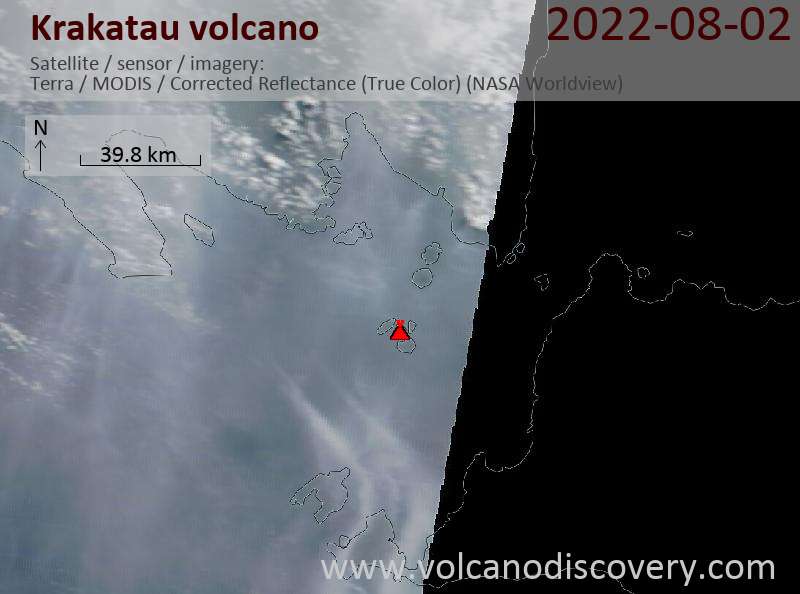 Satellite image of Krakatau volcano on  2 Aug 2022