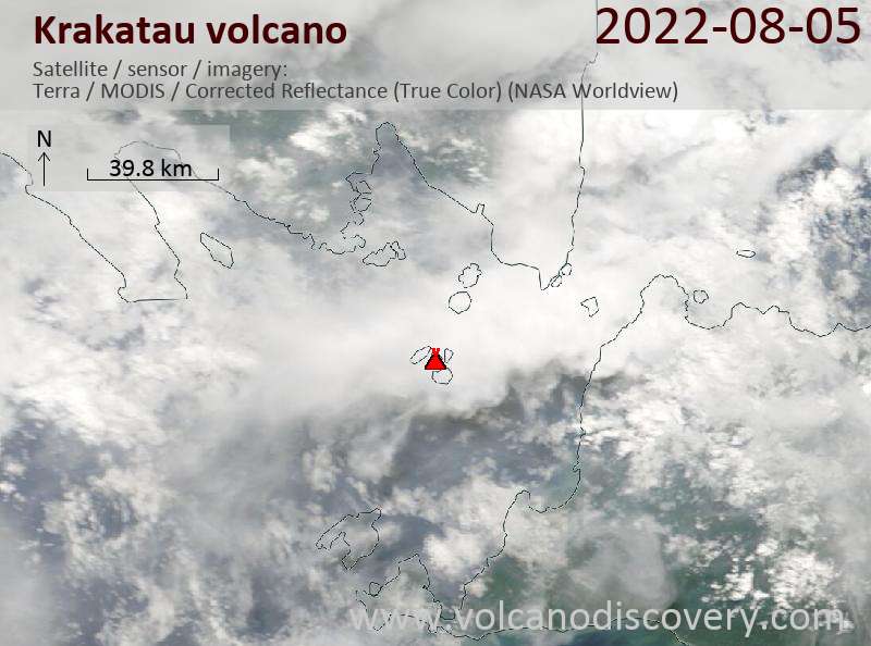 Спутниковое изображение вулкана Krakatau  5 Aug 2022