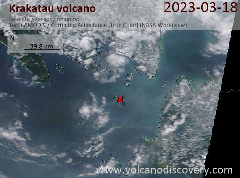 Satellite image of Krakatau volcano on 18 Mar 2023