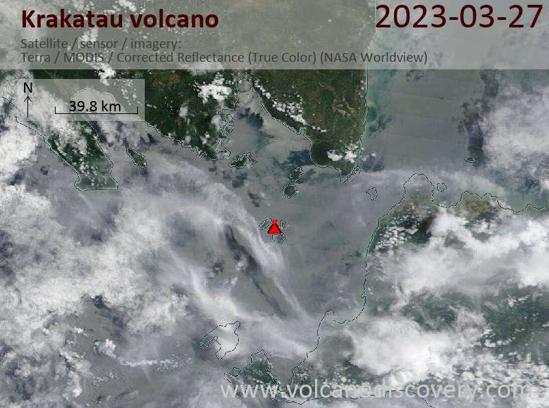 Satellitenbild des Krakatau Vulkans am 27 Mar 2023