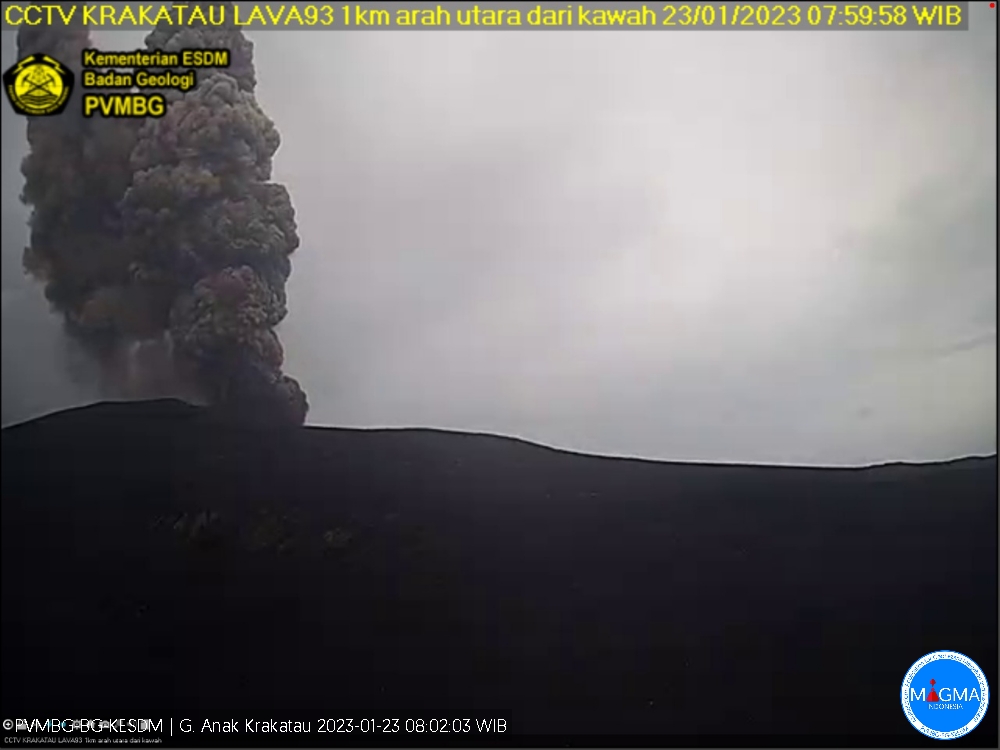 The vigorous explosion and dense grey ash column from Krakatau volcano this morning (image: PVMBG)